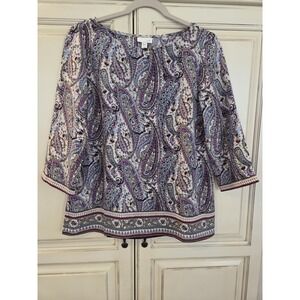 J Jill Paisley Tunic Top Women's Small Petite‎ Blue Purple White Classy Comfort